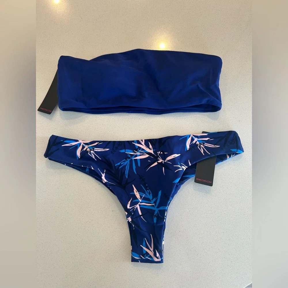 Pink Cove Tropical Blue Bandeau Bikini Set - Solid Top & Printed Bottom Size S